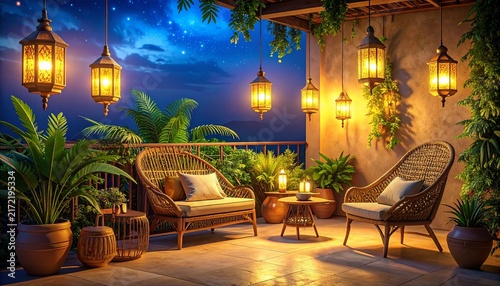Cozy Outdoor Patio with Warm Lanterns and Wicker Furniture.