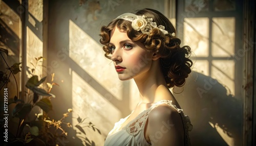 Profile of woman wearing floral headband in sunlight.