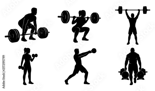 Black Silhouette Weightlifting People Performing Strength Training Exercises