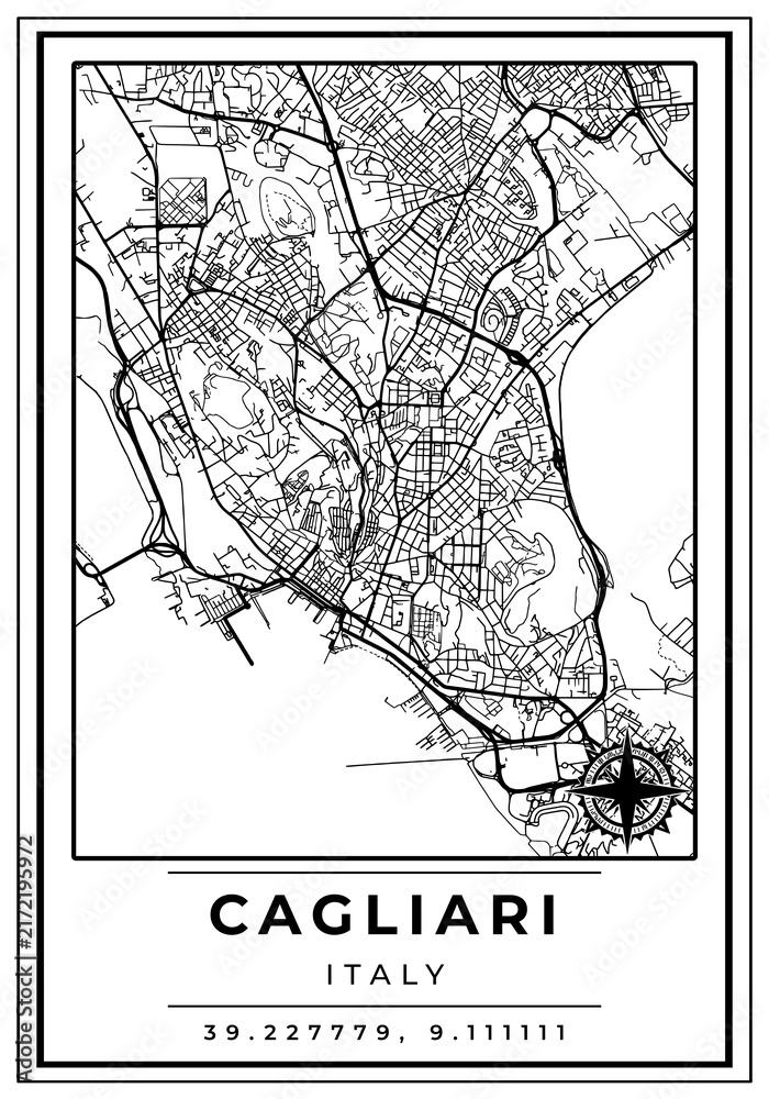 Obraz premium Downtown Street Maps of Cagliari City Italy, Black and White Modern Poster with Location Coordinate and Compass Position, Wall Art Home Decor Ready to Printable