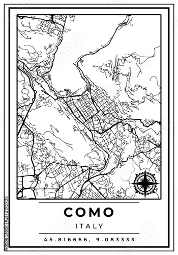 Downtown Street Maps of Como City Italy, Black and White Modern Poster with Location Coordinate and Compass Position, Wall Art Home Decor Ready to Printable