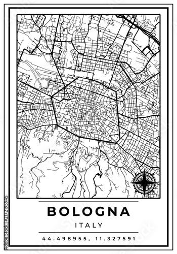 Downtown Street Maps of Bologna City Italy, Black and White Modern Poster with Location Coordinate and Compass Position, Wall Art Home Decor Ready to Printable