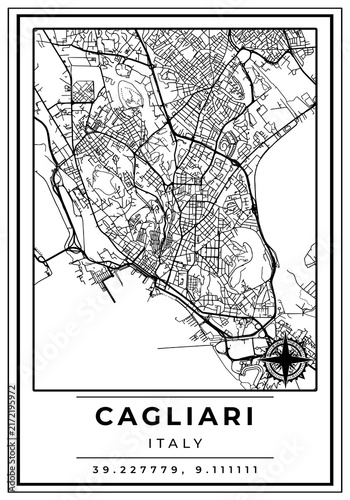 Downtown Street Maps of Cagliari City Italy, Black and White Modern Poster with Location Coordinate and Compass Position, Wall Art Home Decor Ready to Printable