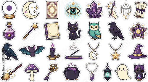Collection of magical witchcraft and wizardry icons featuring crystals potions cats and mystical occult symbols for halloween designs