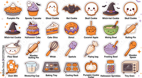 Set of cute kawaii style halloween baking icons and kitchen tools with labels on a white background