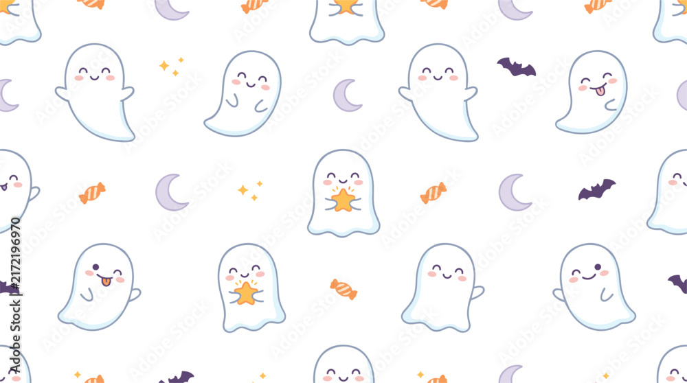 Obraz premium Cute Halloween seamless pattern featuring black cats ghosts pumpkins and pumpkin spice latte mugs on a white background