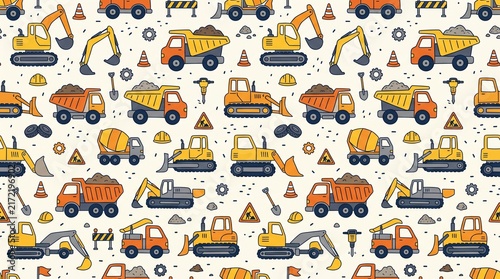 Seamless pattern with cute construction vehicles excavators and dump trucks for children.