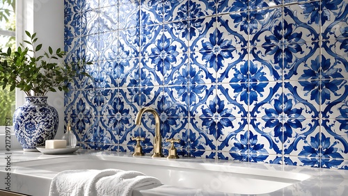 Blue and white floral tiles with brass faucet in bathroom
