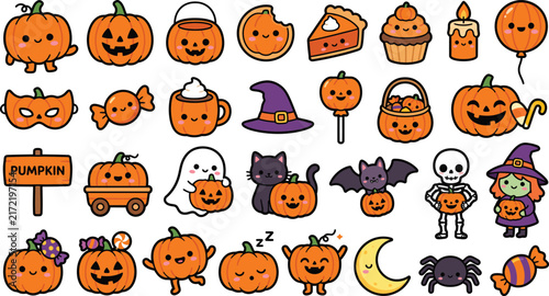 Set of cute hand drawn autumn and camping themed stickers featuring animals pumpkins and outdoor equipment icons