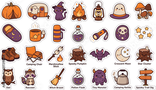 Set of cute hand drawn halloween stickers featuring pumpkins ghosts cats bats and festive holiday elements