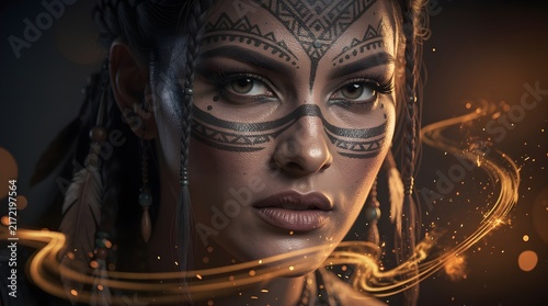 Portrait of a beautiful woman with intricate tribal face paint and glowing magical light effects.