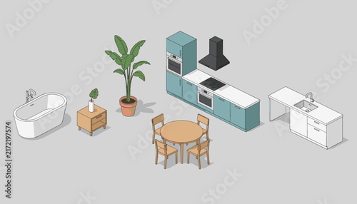 Isometric collection of cozy home interior elements including kitchen counters, a bathtub, and dining table.