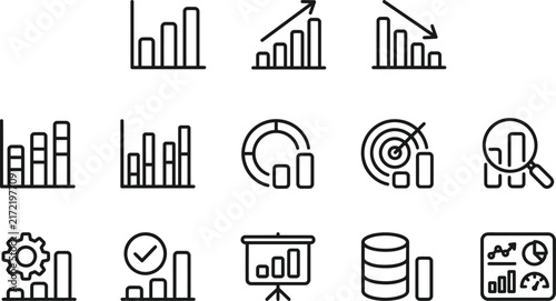 Business Data Analytics Icon Set with Bar Chart and Dashboard