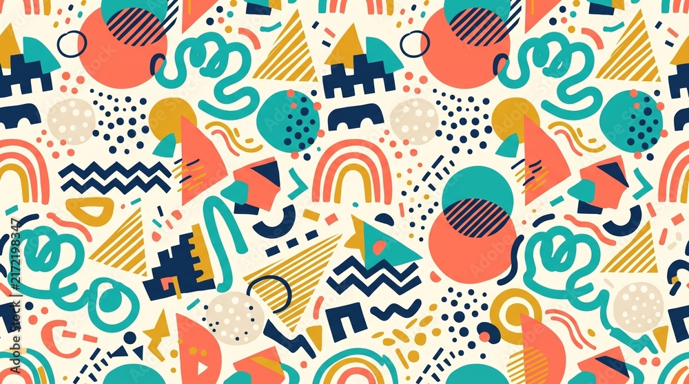 Seamless pattern with colorful abstract geometric shapes and hand drawn doodles.