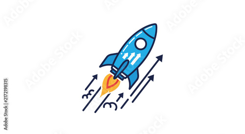 Blue Rocket Ship Blasting Off.