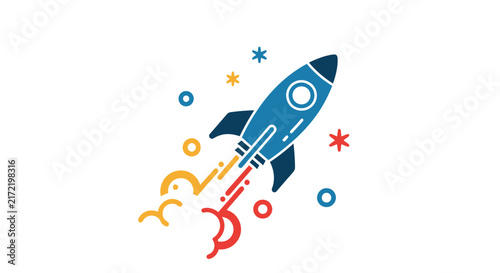 Blue Rocket Ship Blasting Off.