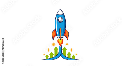 Blue Rocket Ship Blasting Off.