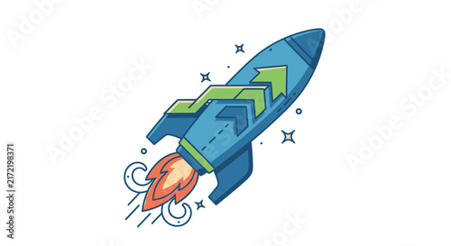 Blue Rocket Ship Blasting Off.