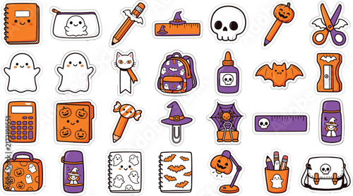 Set of cute halloween themed school supplies and stationery icons including ghosts skulls and pumpkins for seasonal designs
