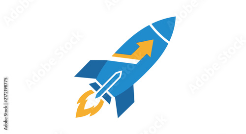 Blue Rocket Ship Icon Flying Upward.