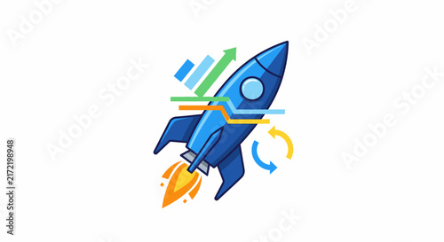 Blue Rocket Ship Icon Launching Fast.