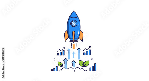 Blue Rocket Ship Launching Fast Growth,.
