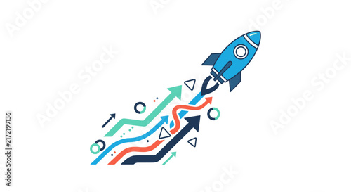 Blue rocket ship launching fast speed.