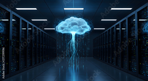 A glowing digital cloud hovering between rows of server racks in a data center, representing cloud computing and data storage.