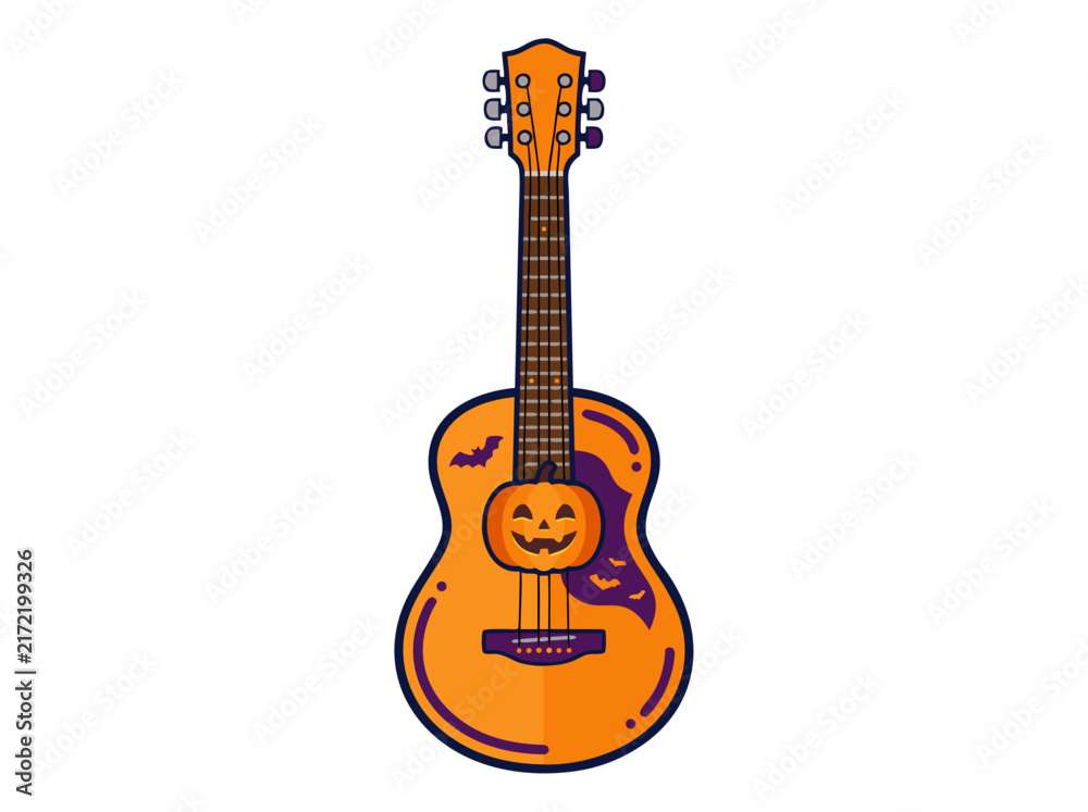 Obraz premium Halloween acoustic guitar vector illustration with jack o lantern and flying bats