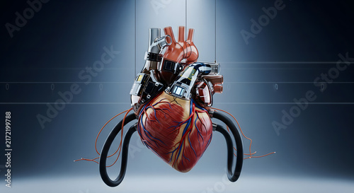 A detailed 3D illustration of a human heart integrated with mechanical and technological components.