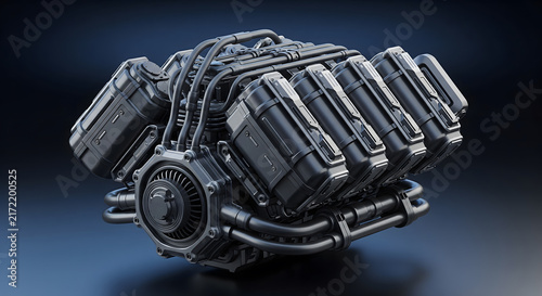 Close-up of a futuristic dark mechanical engine with complex wiring and metallic components.