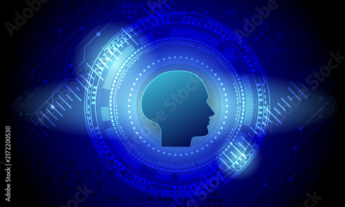 blue head human with circle circuit electronic lines cyberspace futuristic with neon shine light abstract high technology background