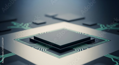 Close-up of a modern computer processor on a circuit board with glowing traces.