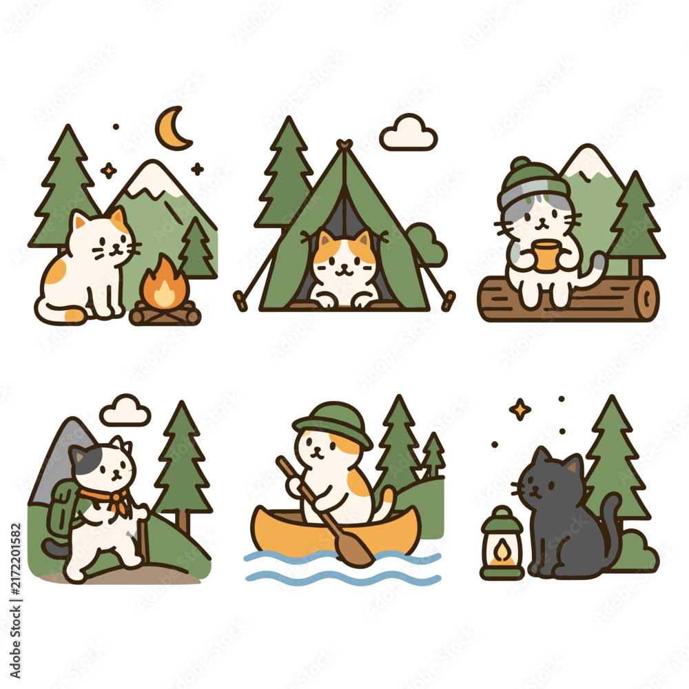 Fototapeta premium Set of cute cartoon cats enjoying outdoor camping and hiking activities