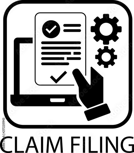 Black flat and line style insurance claim filing icons of online claim submission, document approval and digital process vector symbols isolated on transparent background