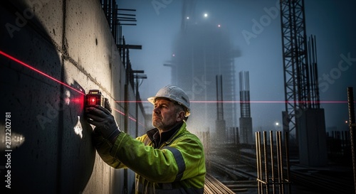 Construction Worker Uses Laser Level For Precise Measurements On Site