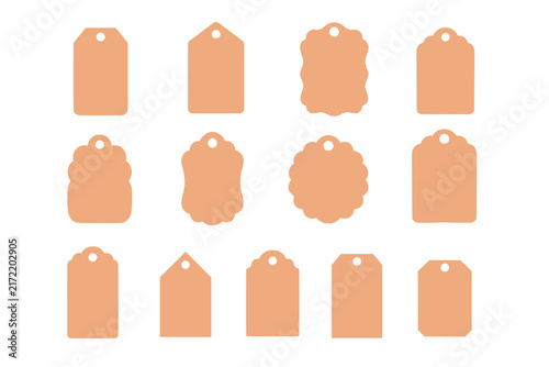 Set of blank gift tags in different shapes with hanging holes. Simple peach label templates with rectangular, scalloped and decorative silhouettes isolated on white background.