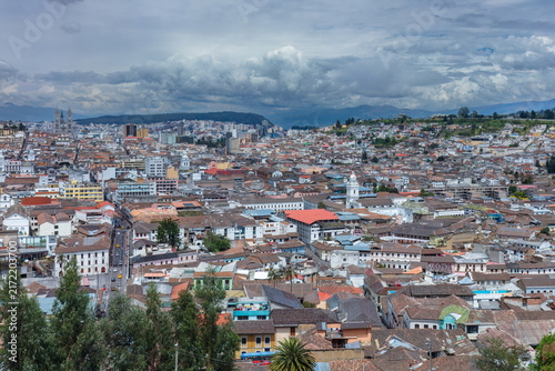 Panoramic view of the historic downtown center of Quito, Ecuador, featuring colonial architecture, dense cityscape, and the iconic Basilica del Voto Nacional under dramatic clouds.