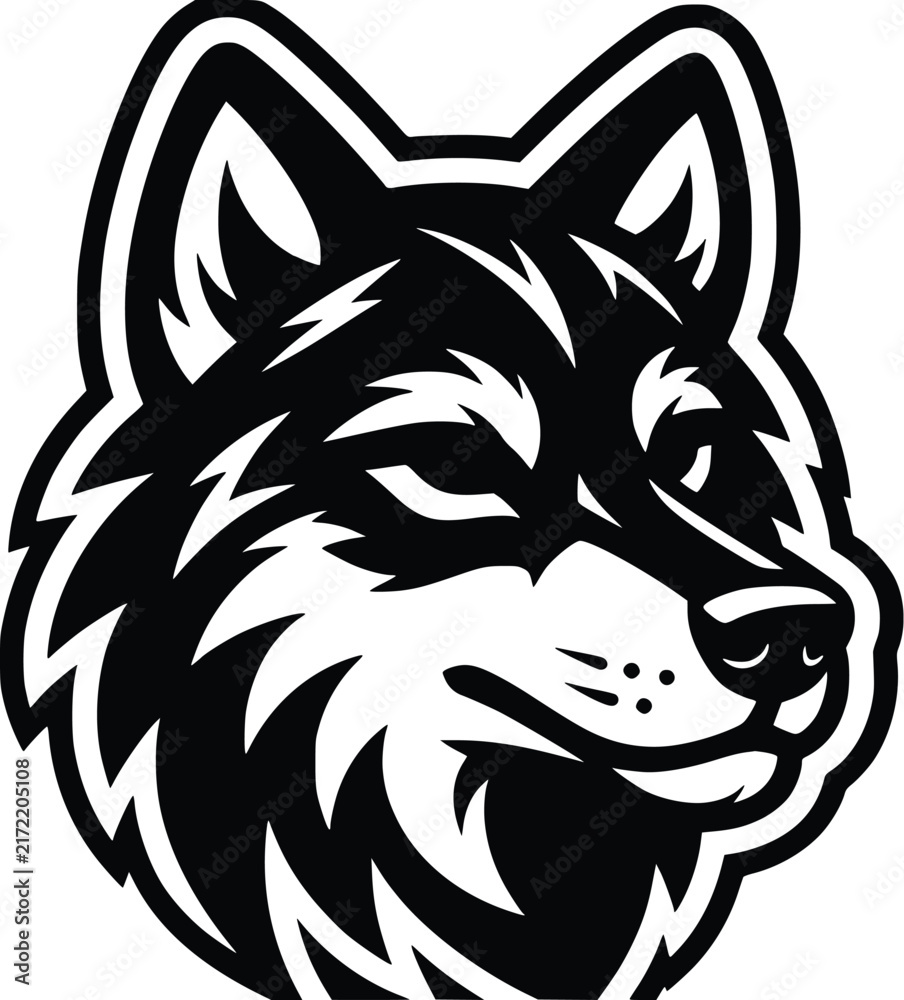 Obraz premium A black and white illustration of a wolf's head on transparent background