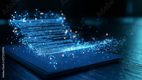Abstract visualization of glowing digital blockchain nodes and smart contract