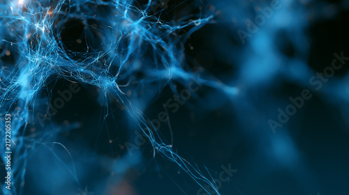 Abstract 3D visualization of glowing neural networks and brain interface