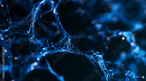 Abstract 3D visualization of glowing neural networks and brain interface