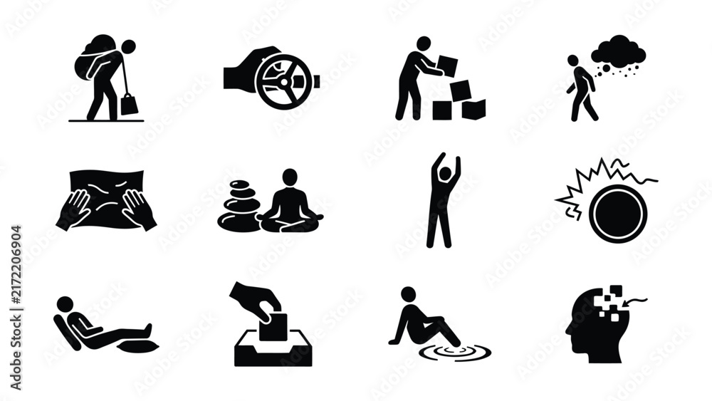 Fototapeta premium Set of icons depicting various daily activities and relaxation techniques