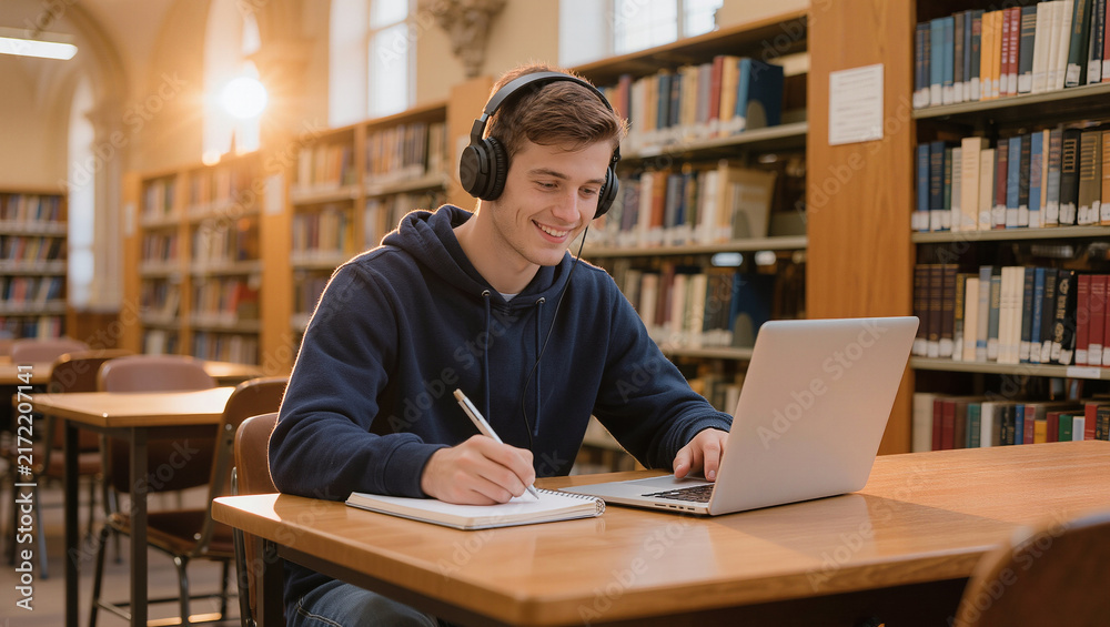 Obraz premium Young man with headphones studies on laptop in library, taking notes