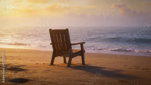 Lone chair on an empty beach with calm ocean view, peaceful summer landscape
