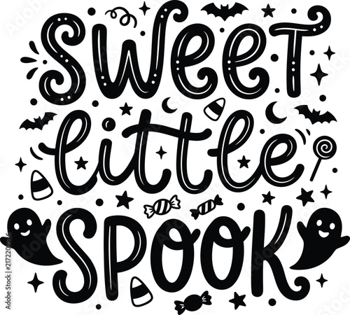 фотографія Sweet little spook halloween vector lettering composition with ghosts bats and c