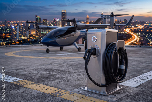 Electric Vertical Takeoff Aircraft Charging Port with Retracted Cable on Helipad – 5K Urban Air Mobility Infrastructure