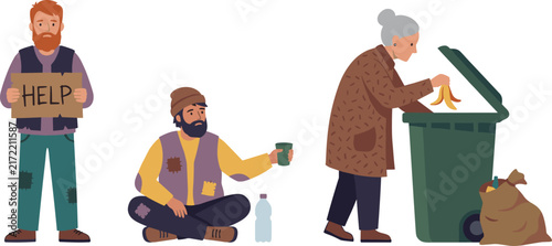 Foto Homeless people character set with poor beggar holding help sign man begging for
