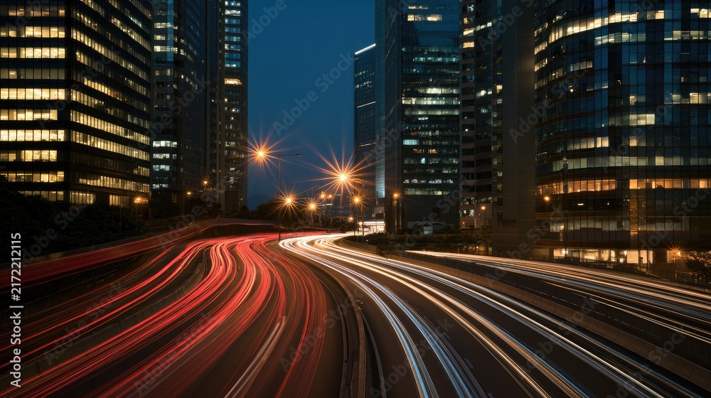 Naklejka premium Cityscape at Night with Streaking Car Lights and Illuminated Skyscrapers.