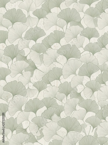 Elegant Sage Green Ginkgo Biloba Leaf Seamless Pattern on Textured Beige Background for Interior Design and Wallpaper